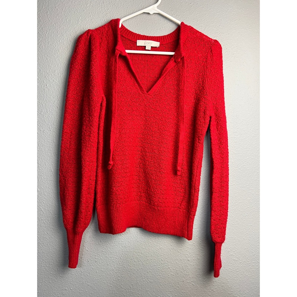 LOFT Womens Red Textured V-Neck Tie Puff Sleeve Knit Sweater Size S Y2K Romantic